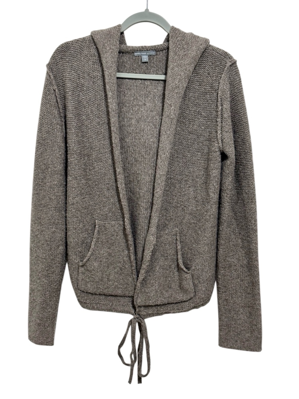 James Perse Grey Wool Alpaca Blend Open-Front Tie-Waist Hooded Knit Cardigan L